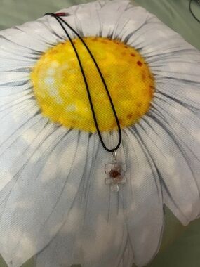 Clear Flower Pendant Necklace on Black Cord - White & Black